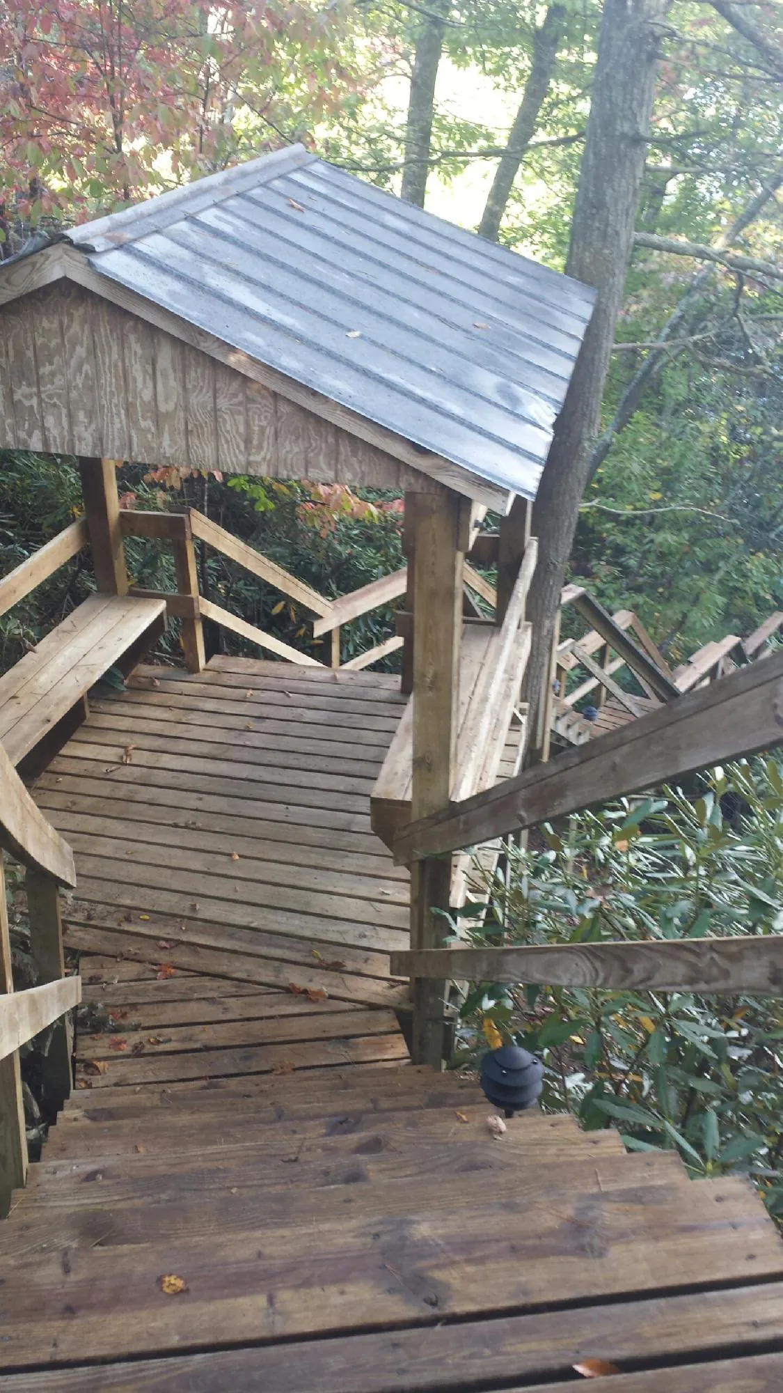 Metal roofed shelter over wooden steps on a wooded walkway — Skylight Repair & Installation work by our crew in Brice